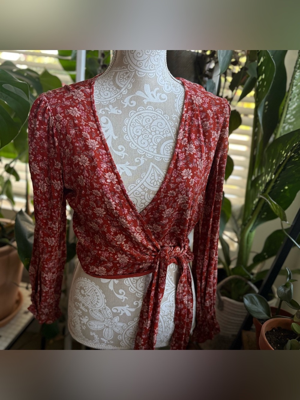 American Eagle Outfitters Rust Red Floral Wrap Crop Top